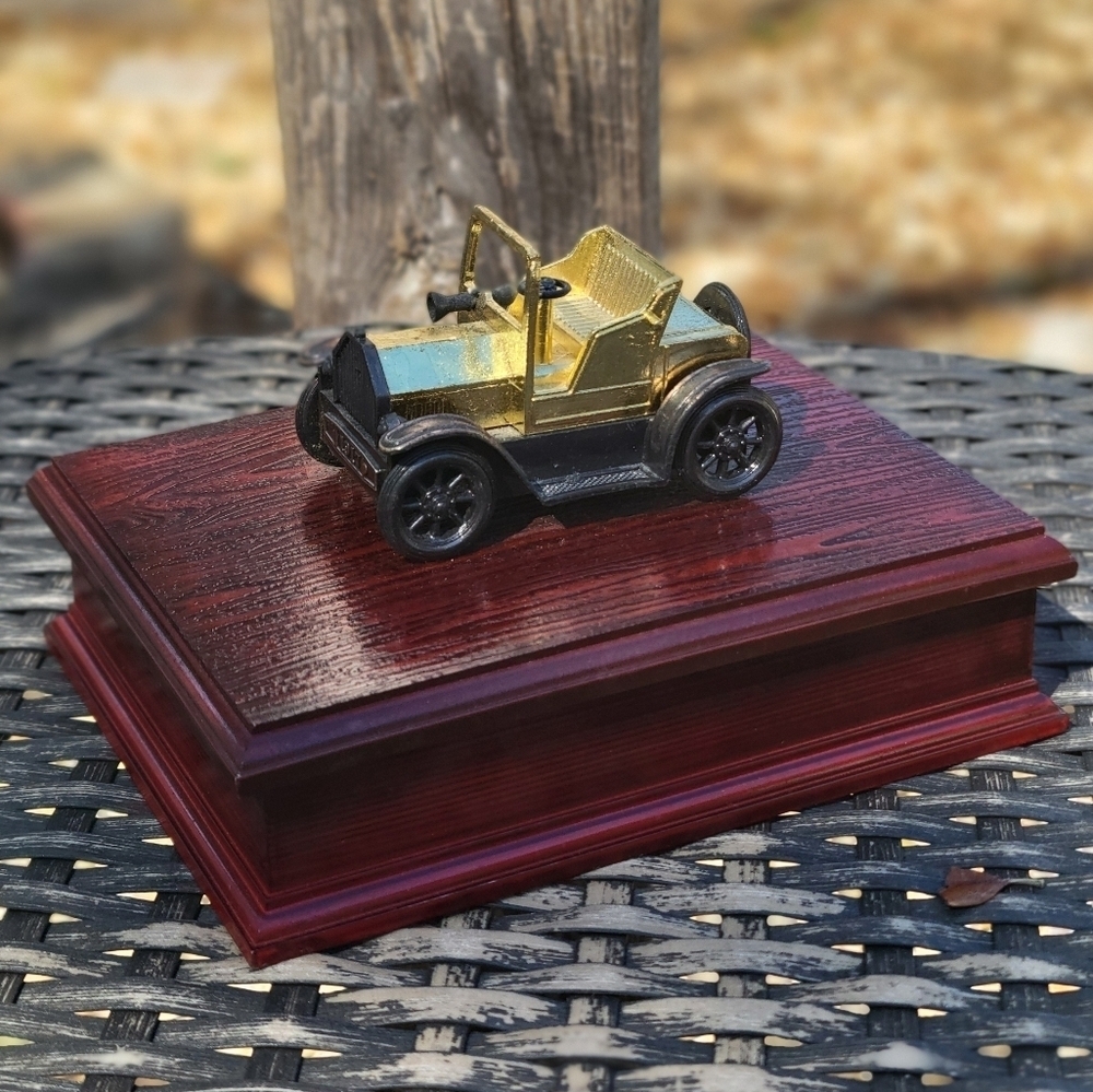 Vintage Playing Card Storage Box 1917 Ford Gold Metal Model Car Faux wooden Box